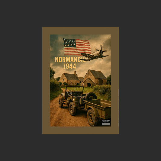 Jeep Willys MB US et Thunderbolt P-47 | Affiche Normandie 1944 - Design avec marge couleur.