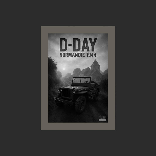 Jeep Willys MB en noir et blanc | Affiche D-Day Normandie 1944 - Design avec marge couleur.