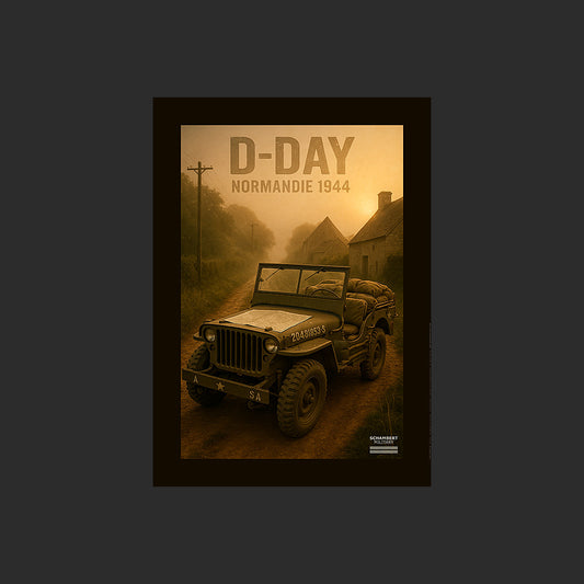 Jeep Willys MB dans un chemin | Affiche D-Day Normandie 1944 - Design avec marge couleur.