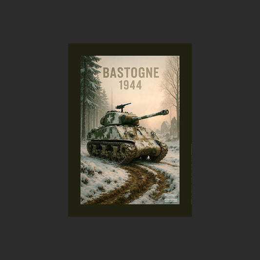 Sherman M4 dans la neige | Affiche Bataille des Ardennes Bastogne 1944 - Design avec marge couleur.