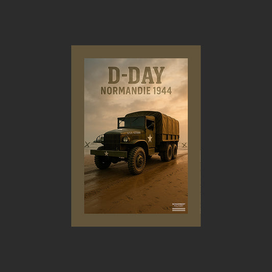 GMC CCKW 353 sur Omaha Beach | Affiche D-Day Normandie 1944 - Design avec marge couleur.