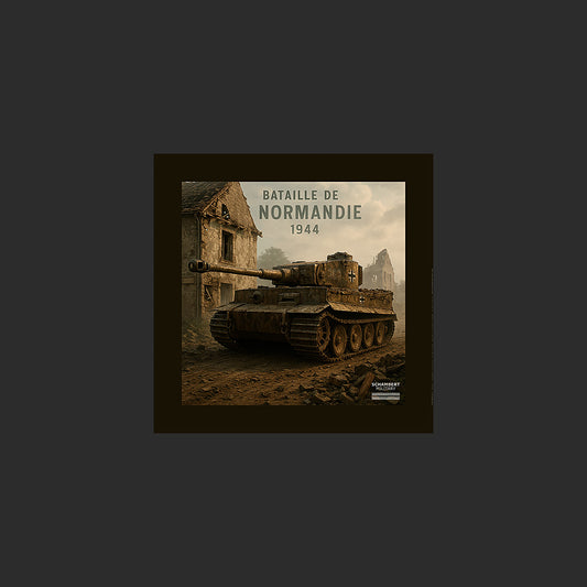 Tiger dans les ruines | Affiche Bataille de Normandie 1944 - Design avec marge couleur.