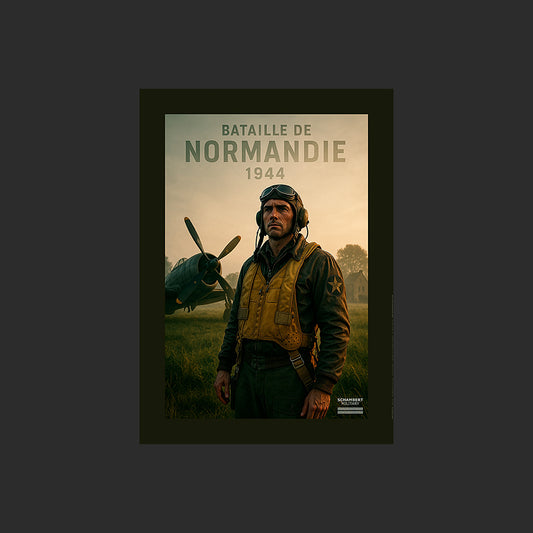 Pilote américain et Thunderbolt P-47 | Affiche D-Day Normandie 1944 - Design avec marge couleur.