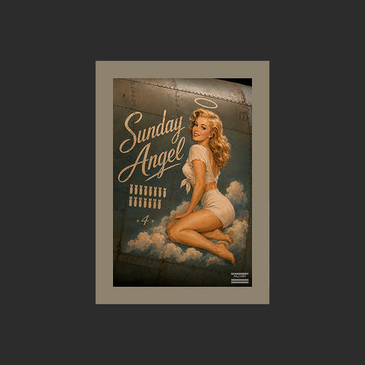 Sunday Angel | Affiche Pin-Up Nose Art années 1940 - Design avec marge couleur.