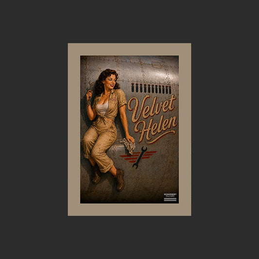 Velvet Helen | Affiche Pin-Up Nose Art années 1940 - Design avec marge couleur.