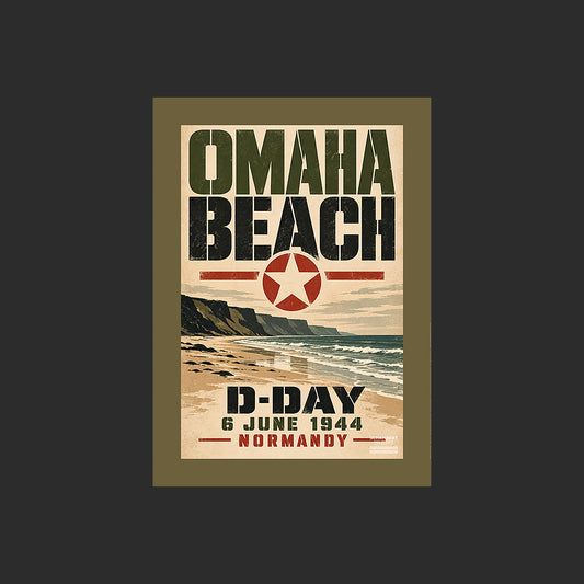 Omaha Beach | Affiche graphique Esprit du D-Day 6 juin 1944 - Design avec marge couleur.