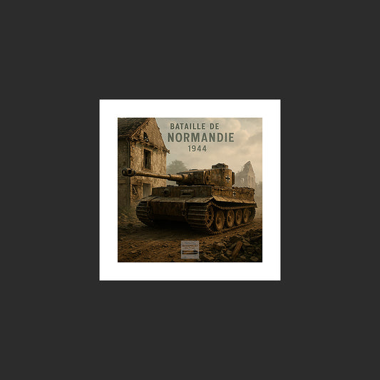 Poster d'une image d'un char allemand Tiger 1 dans un village détruit de Normandie après le D-Day en juin 1944 au petit matin dans la brume, site historique du D-Day, Débarquement de Normandie, Deuxième Guerre mondiale, WW2, France. Affiche en couleur avec titre, marge blanche ou colorée. Design avec marge blanche.
