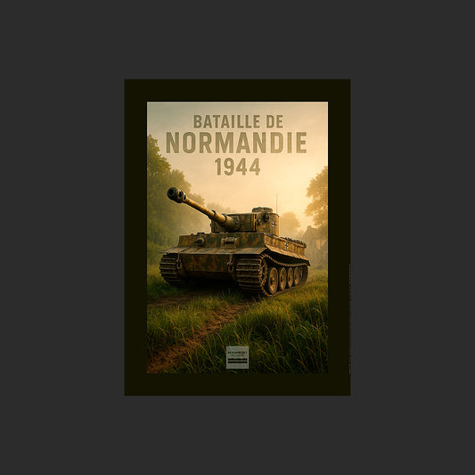 Affiche MP0011 Tiger 1 Bataille de Normandie 1944 Bocage et ferme, design avec marge couleur.