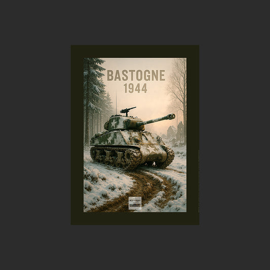 Affiche MP0012 Sherman M4 Bataille des Ardennes 1944 Forêt dans la neige, design avec marge couleur.