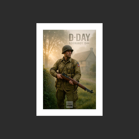 Affiche MP0014 Parachutiste américain 82e Airborne D-Day 1944 Normandie Bocage, design avec marge blanche.