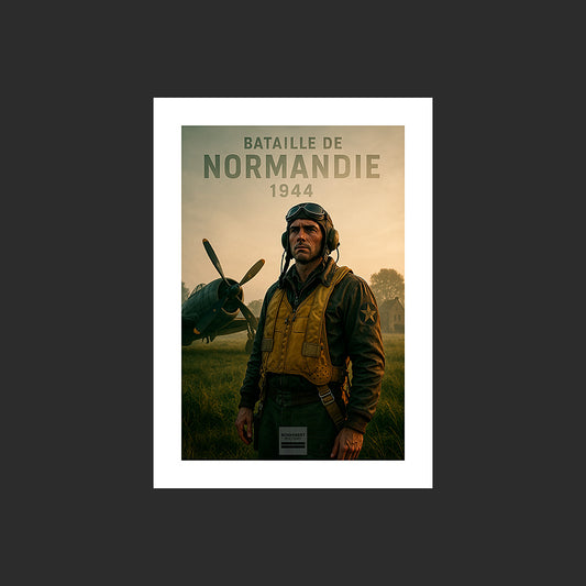 Affiche MP0016 Pilote américain et Thunderbolt P-47 D-Day 1944 Normandie, design avec marge blanche.