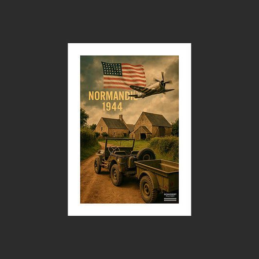 Jeep Willys MB US et Thunderbolt P-47 | Affiche Normandie 1944 - Design avec marge blanche.