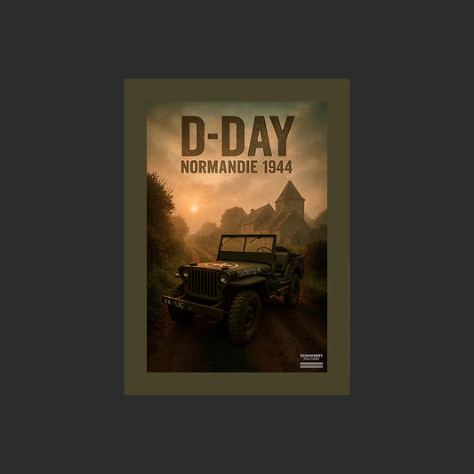 Jeep Willys MB US à l'aube | Affiche D-Day Normandie 1944 - Design avec marge couleur.