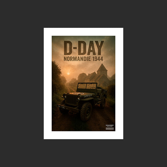 Jeep Willys MB US à l'aube | Affiche D-Day Normandie 1944 - Design avec marge blanche.
