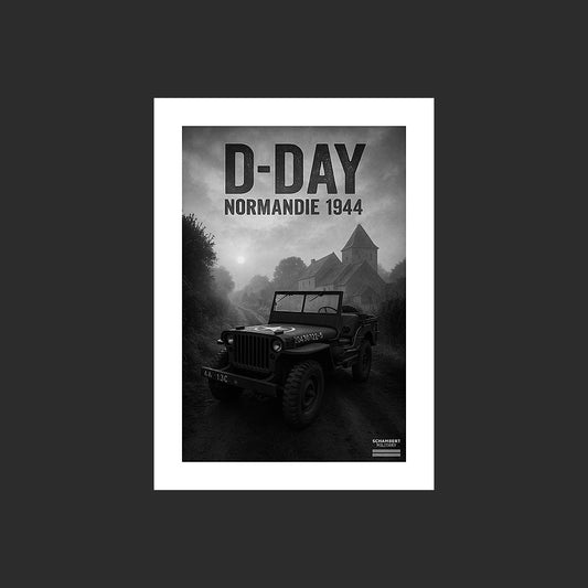Jeep Willys MB en noir et blanc | Affiche D-Day Normandie 1944 - Design avec marge blanche.