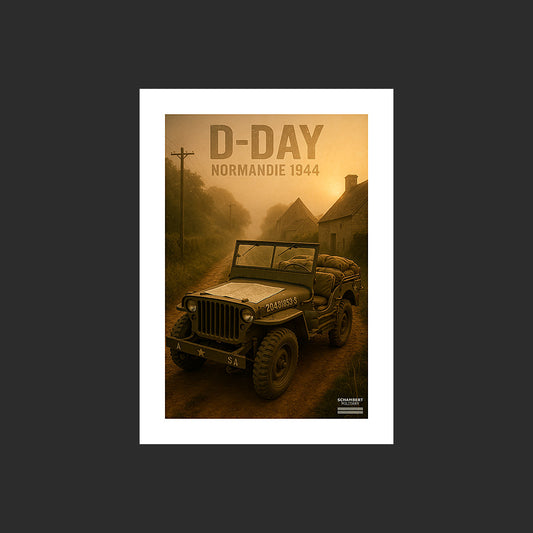 Jeep Willys MB dans un chemin | Affiche D-Day Normandie 1944 - Design avec marge blanche.