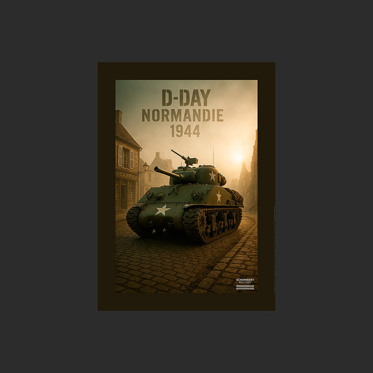 Sherman M4 dans un village | Affiche D-Day Normandie 1944 - Design avec marge couleur.