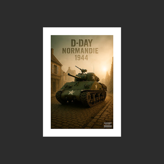 Sherman M4 dans un village | Affiche D-Day Normandie 1944 - Design avec marge blanche.