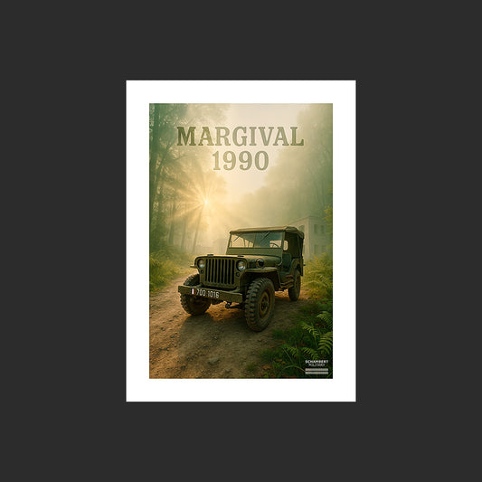 Jeep M201 | Affiche Margival 1990 Centre Commandos Armée de Terre - Design avec marge blanche.