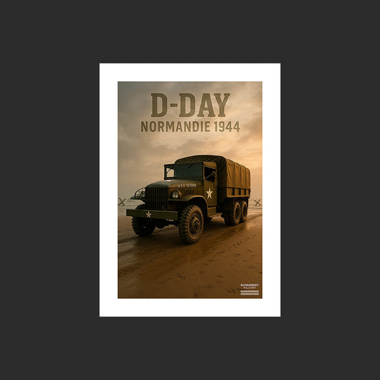 GMC CCKW 353 sur Omaha Beach | Affiche D-Day Normandie 1944 - Design avec marge blanche.