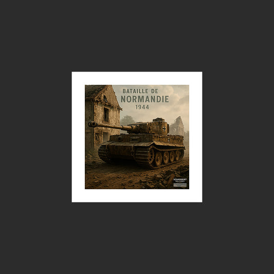 Tiger dans les ruines | Affiche Bataille de Normandie 1944 - Design avec marge blanche.