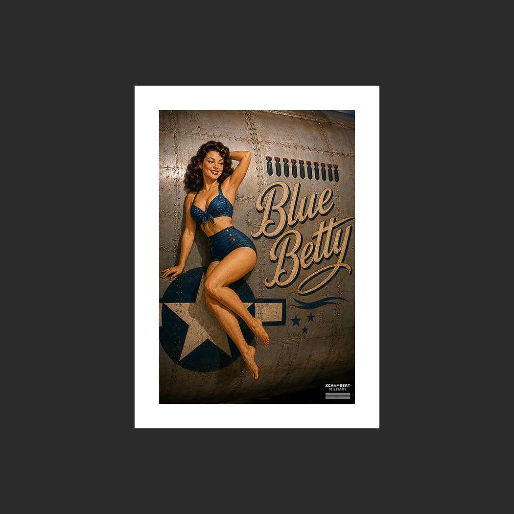 Blue Betty | Affiche Pin-Up Nose Art années 1940 - Design avec marge blanche.