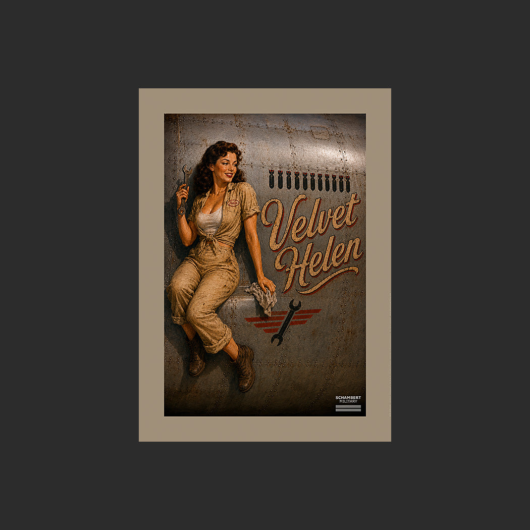 Velvet Helen | Affiche Pin-Up Nose Art années 1940 - Design avec marge couleur.