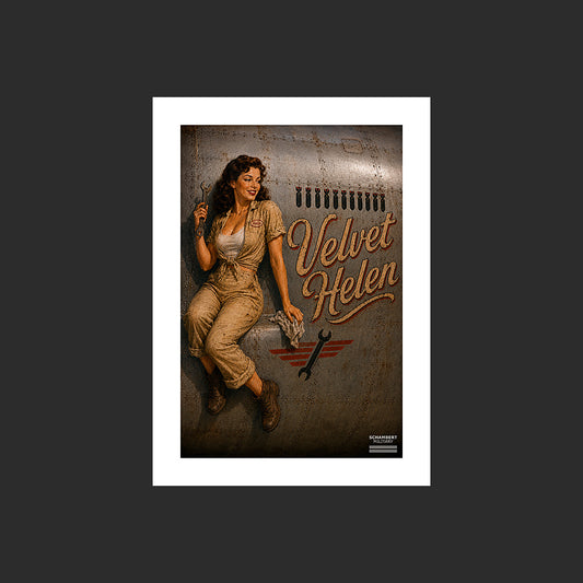 Velvet Helen | Affiche Pin-Up Nose Art années 1940 - Design avec marge blanche.