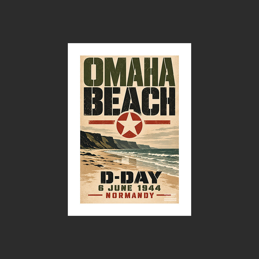 Omaha Beach | Affiche graphique Esprit du D-Day 6 juin 1944 - Design avec marge blanche.