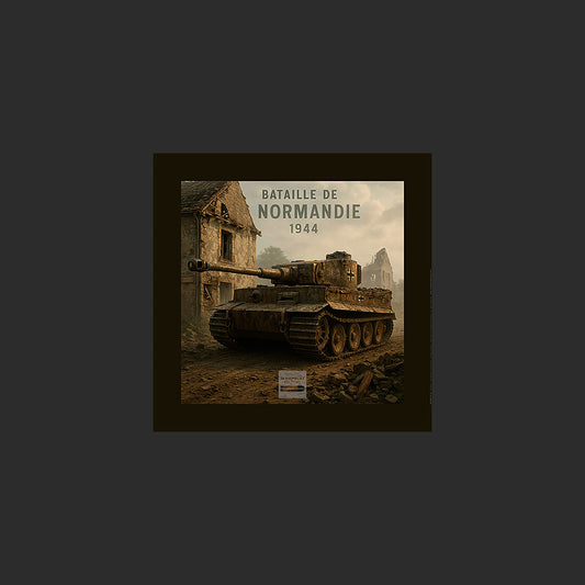 Poster d'une image d'un char allemand Tiger 1 dans un village détruit de Normandie après le D-Day en juin 1944 au petit matin dans la brume, site historique du D-Day, Débarquement de Normandie, Deuxième Guerre mondiale, WW2, France. Affiche en couleur avec titre, marge blanche ou colorée. Design avec marge de couleur.