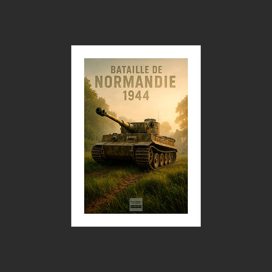 Affiche MP0011 Tiger 1 Bataille de Normandie 1944 Bocage et ferme, design avec marge blanche.
