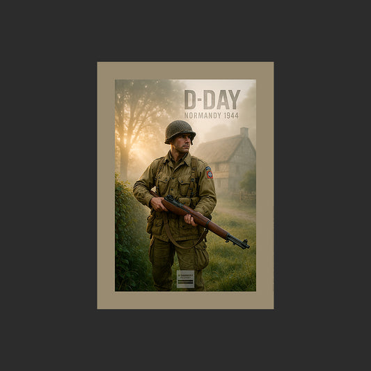 Affiche MP0014 Parachutiste américain 82e Airborne D-Day 1944 Normandie Bocage, design avec marge couleur.