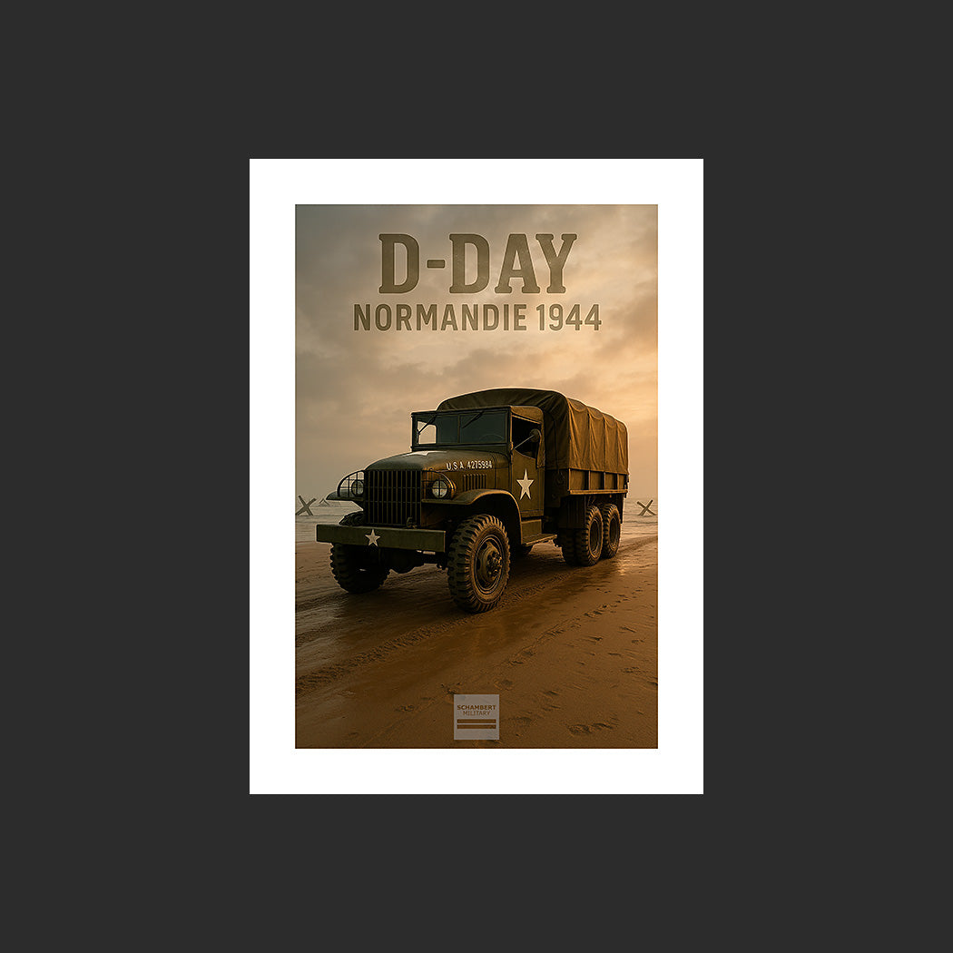 Affiche MP0015 Camion GMC CCKW 353 Omaha Beach D-Day 1944 Normandie, design avec marge blanche.
