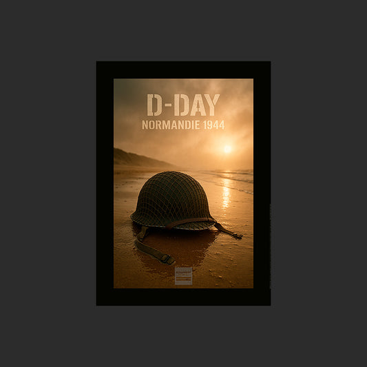 Affiche MP0017 Un casque américain sur Omaha Beach Normandie 1944, design avec marge couleur.
