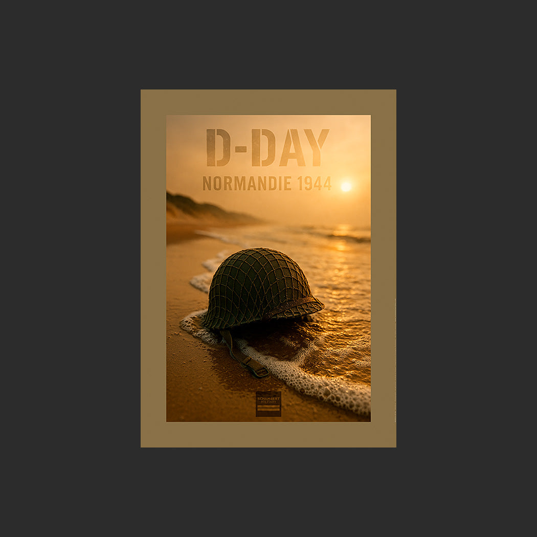 Affiche MP0021 En souvenir du D-Day sur une plage de Normandie, design avec marge couleur.