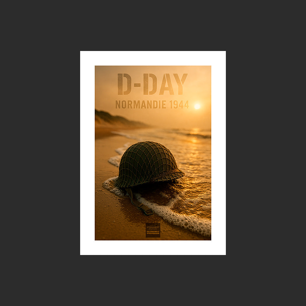 Affiche MP0021 En souvenir du D-Day sur une plage de Normandie, design avec marge blanche.